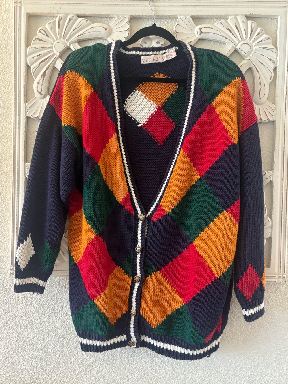 Vintage Venezia Multicolor Argyle Knit Cardigan Sweater 🤩